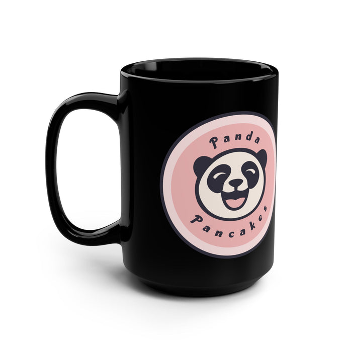 Panda Pancakes Ceramic Mug — 15oz Black Coffee Cup with Cute Panda Logo